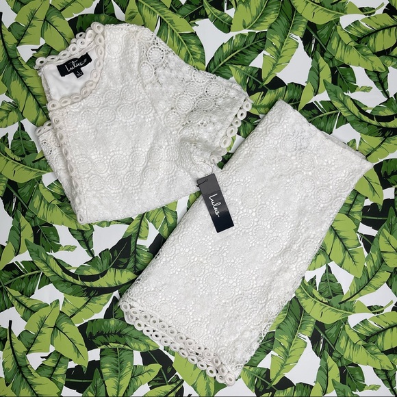 NWT Lulu's 2 Piece Set Lace Skirt Dress Bridal Bachelorette Wedding White L - Picture 2 of 10